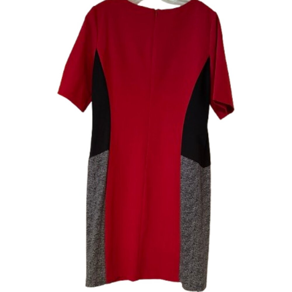 New Directions Sheath Dress - Red, Black and Faux Tweed Panels - 10